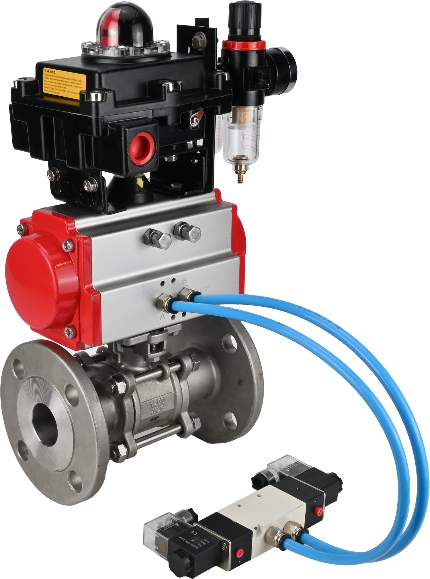 Ball valves Elephant BV3232P(3pc)-FP-F-ISO-H 16 bar, three-piece full bore flanged, stainless steel SS304, PTFE, with pneumatic actuator PA-SA with return springs, with pneumatic distributor 4V320-08 220V, with LSU APL -410N EX, with ATU AFC2000