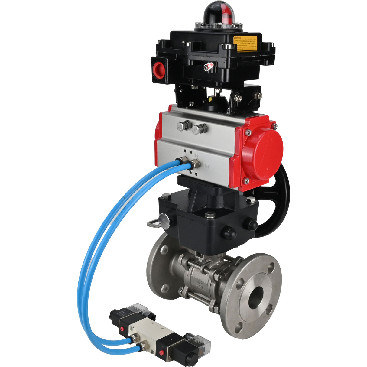 Ball valves Elephant BV3232P(3pc)-FP-F-ISO-H,  body material - Stainless steel AISI 316, seal - PTFE / PTFE / Teflon, with pneumatic actuator double action PA-DA, 4V320-10 220V, LSU APL-410N Ex, handwheel MON