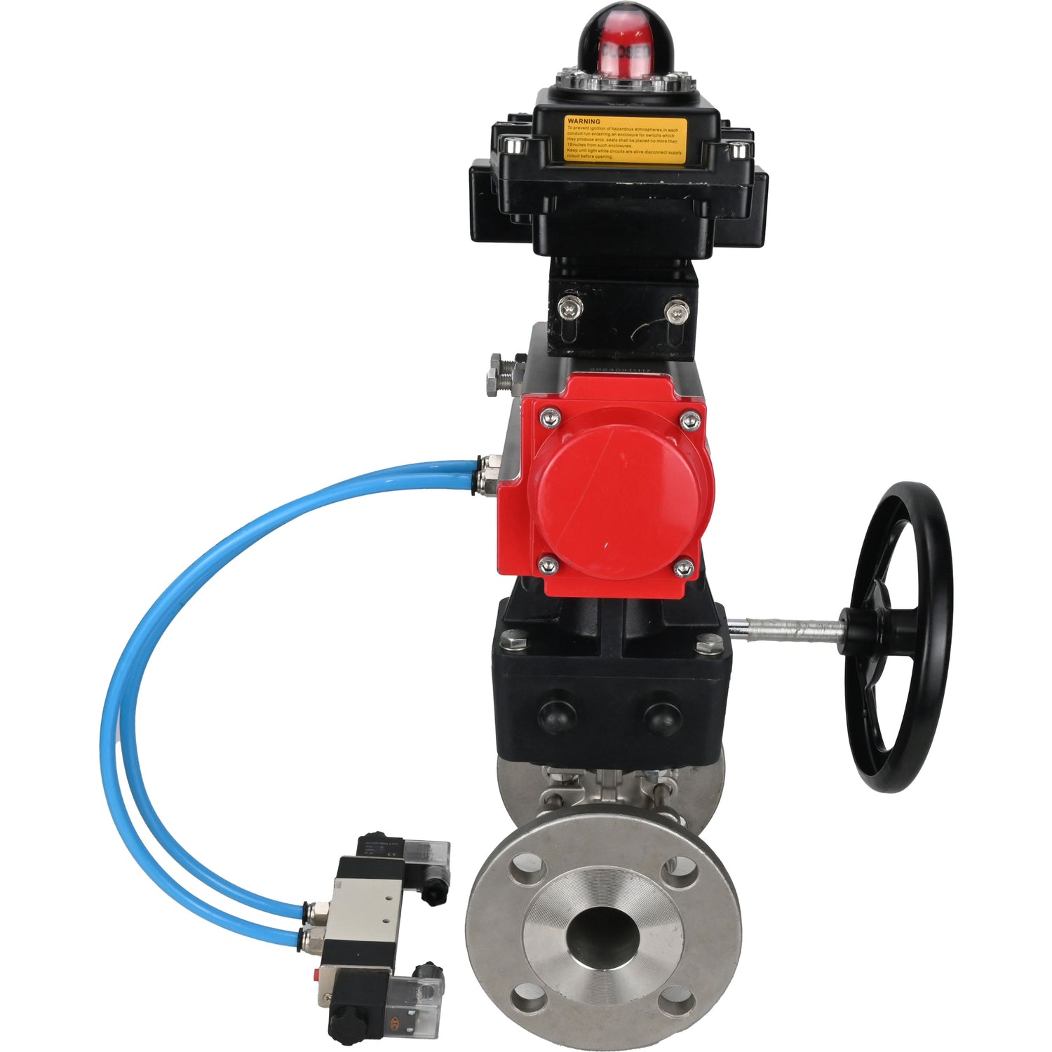 Ball valves Elephant BV3232P(3pc)-FP-F-ISO-H,  body material - Stainless steel AISI 316, seal - PTFE / PTFE / Teflon, with pneumatic actuator double action PA-DA, 4V320-10 220V, LSU APL-410N Ex, handwheel MON
