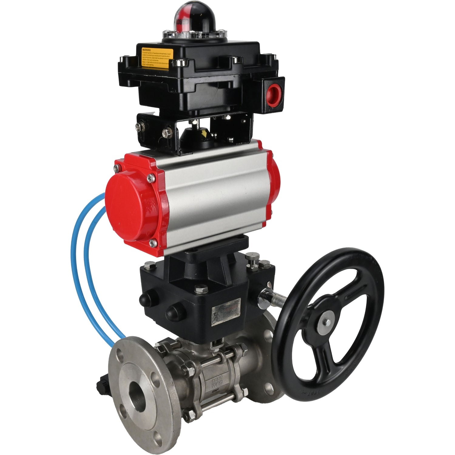 Ball valves Elephant BV3232P(3pc)-FP-F-ISO-H,  body material - Stainless steel AISI 316, seal - PTFE / PTFE / Teflon, with pneumatic actuator double action PA-DA, 4V320-10 220V, LSU APL-410N Ex, handwheel MON