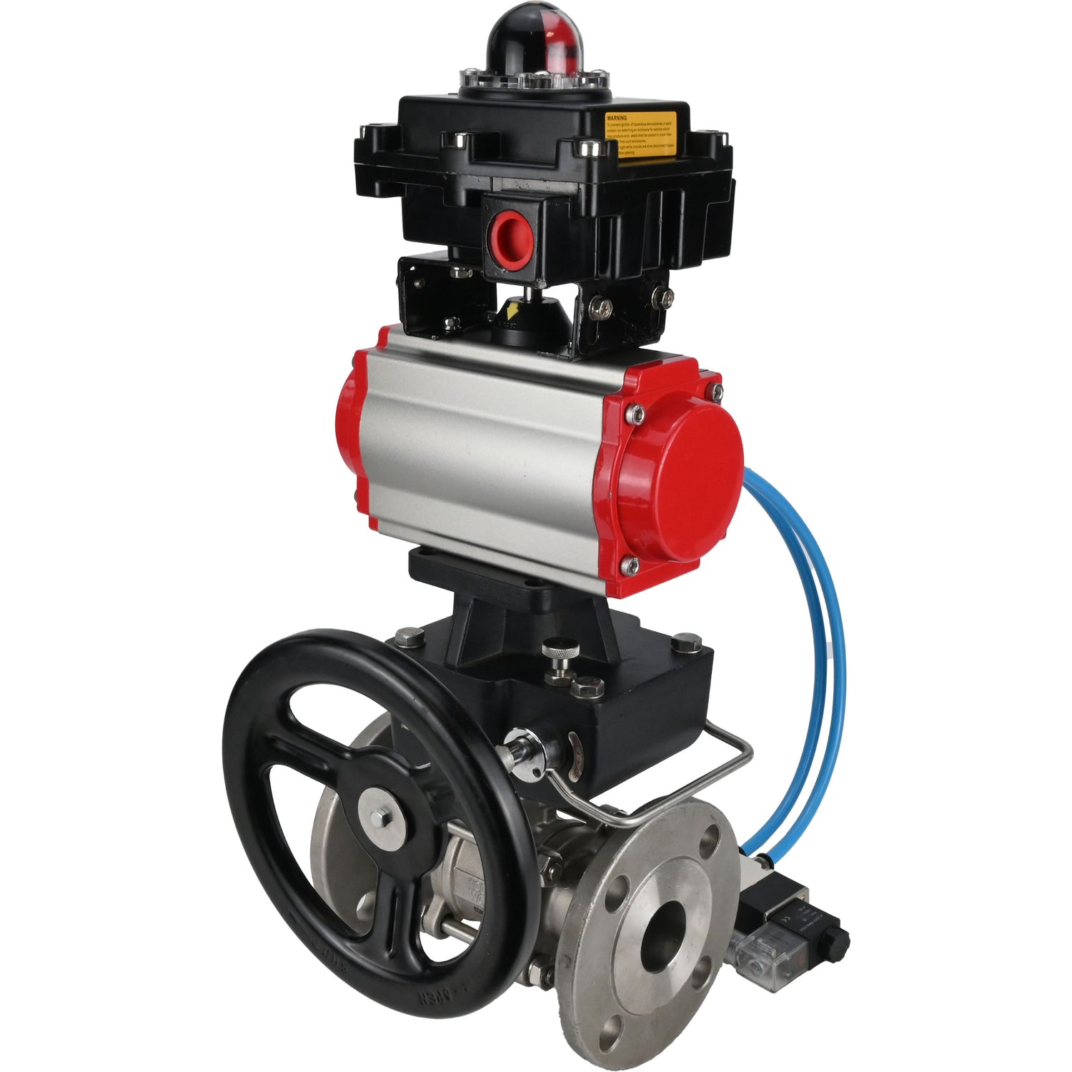 Ball valves Elephant BV3232P(3pc)-FP-F-ISO-H,  body material - Stainless steel AISI 316, seal - PTFE / PTFE / Teflon, with pneumatic actuator double action PA-DA, 4V320-10 220V, LSU APL-410N Ex, handwheel MON