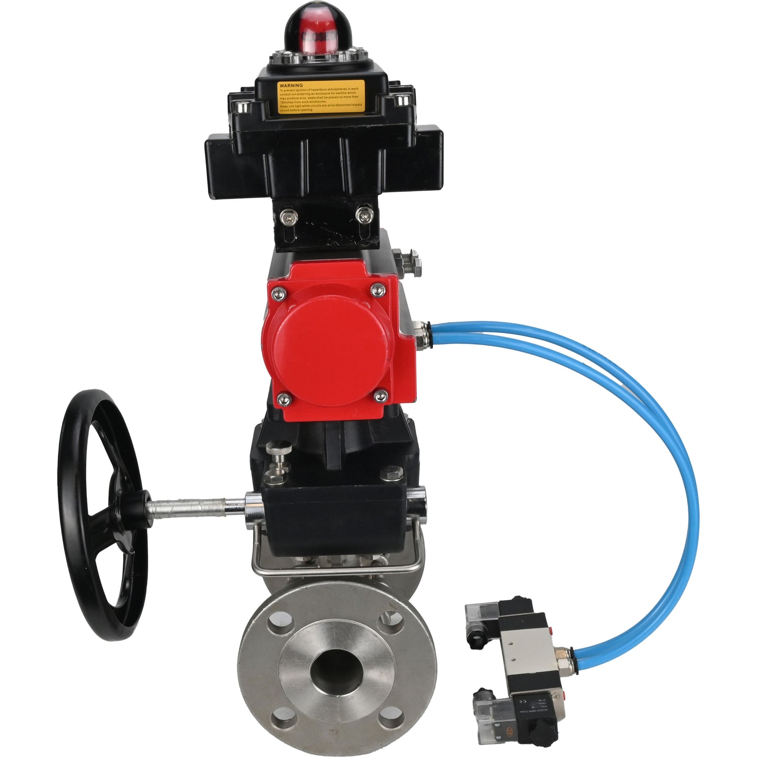 Ball valves Elephant BV3232P(3pc)-FP-F-ISO-H,  body material - Stainless steel AISI 316, seal - PTFE / PTFE / Teflon, with pneumatic actuator double action PA-DA, 4V320-10 220V, LSU APL-410N Ex, handwheel MON