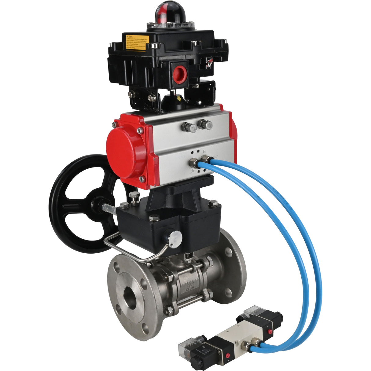 Ball valves Elephant BV3232P(3pc)-FP-F-ISO-H,  body material - Stainless steel AISI 316, seal - PTFE / PTFE / Teflon, with pneumatic actuator double action PA-DA, 4V320-10 220V, LSU APL-410N Ex, handwheel MON