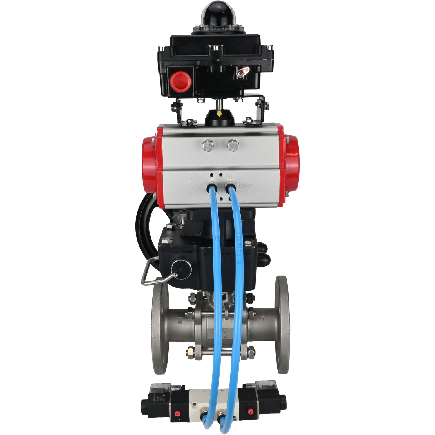 Ball valves Elephant BV3232P(3pc)-FP-F-ISO-H,  body material - Stainless steel AISI 316, seal - PTFE / PTFE / Teflon, with pneumatic actuator double action PA-DA, 4V320-10 220V, LSU APL-410N Ex, handwheel MON