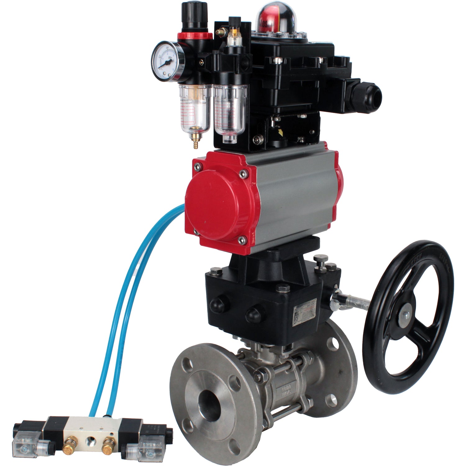 Ball valves Elephant BV3232P(3pc)-FP-F-ISO-H,  body material - Stainless steel AISI 316, seal - PTFE / PTFE / Teflon, with pneumatic actuator double action PA-DA, 4V320-10 220V, LSU APL-410N Ex, handwheel MON, ATU AFC2000