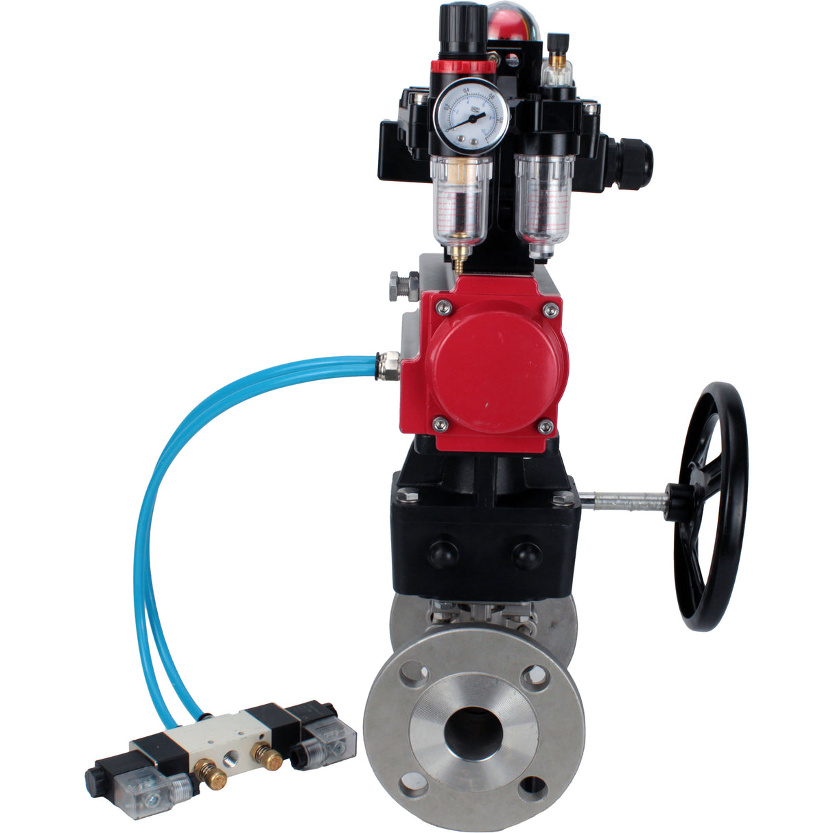 Ball valves Elephant BV3232P(3pc)-FP-F-ISO-H,  body material - Stainless steel AISI 316, seal - PTFE / PTFE / Teflon, with pneumatic actuator double action PA-DA, 4V320-10 220V, LSU APL-410N Ex, handwheel MON, ATU AFC2000