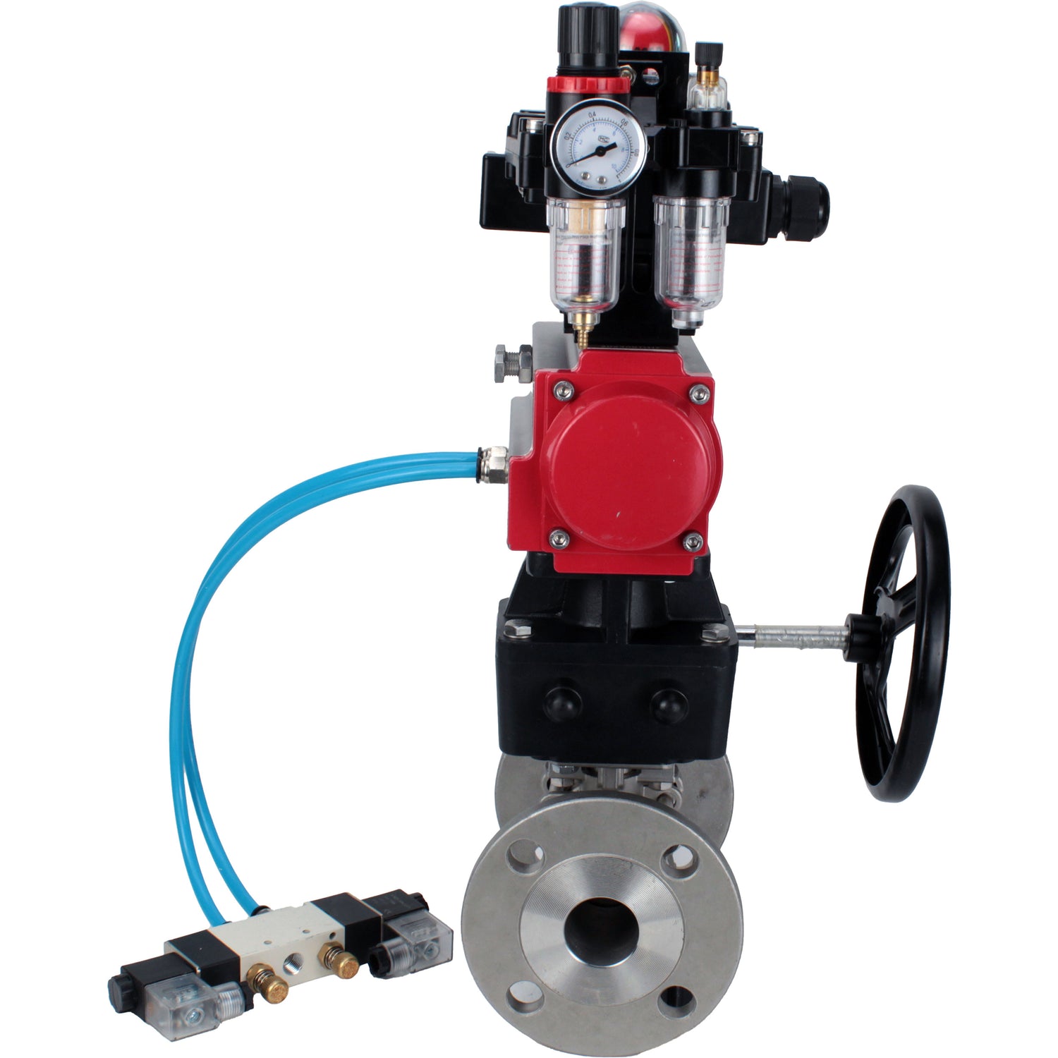 Ball valves Elephant BV3232P(3pc)-FP-F-ISO-H,  body material - Stainless steel AISI 316, seal - PTFE / PTFE / Teflon, with pneumatic actuator double action PA-DA, 4V320-10 220V, LSU APL-410N Ex, handwheel MON, ATU AFC2000