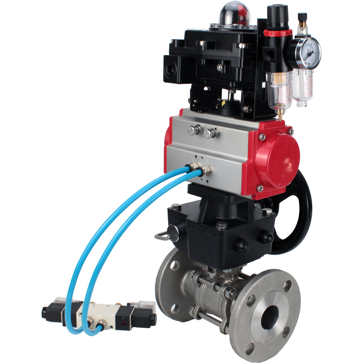 Ball valves Elephant BV3232P(3pc)-FP-F-ISO-H,  body material - Stainless steel AISI 316, seal - PTFE / PTFE / Teflon, with pneumatic actuator double action PA-DA, 4V320-10 220V, LSU APL-410N Ex, handwheel MON, ATU AFC2000