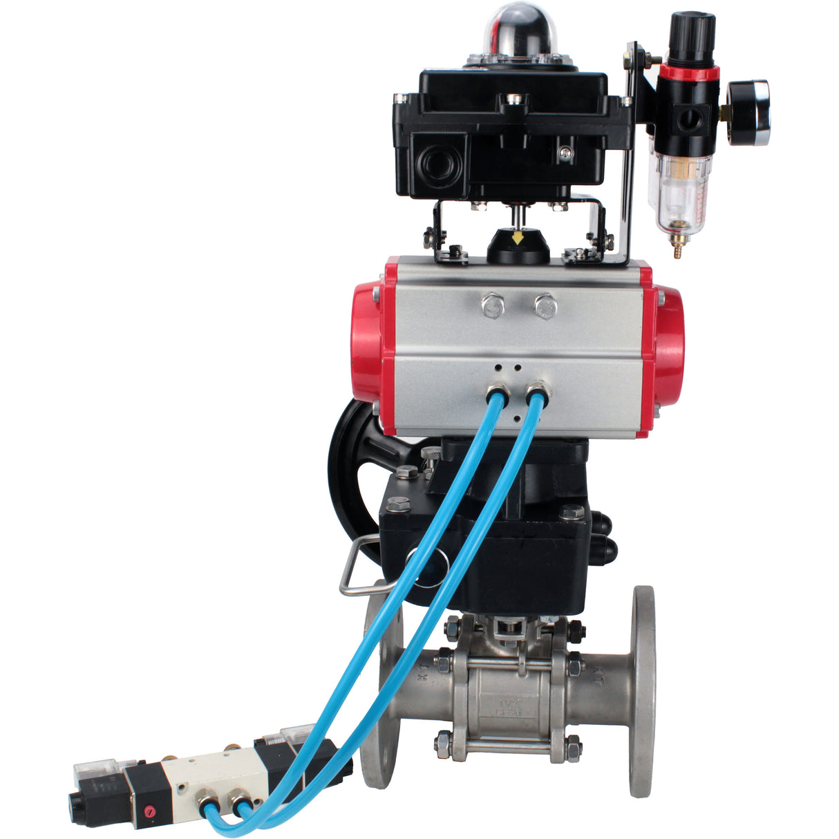 Ball valves Elephant BV3232P(3pc)-FP-F-ISO-H,  body material - Stainless steel AISI 316, seal - PTFE / PTFE / Teflon, with pneumatic actuator double action PA-DA, 4V320-10 220V, LSU APL-410N Ex, handwheel MON, ATU AFC2000