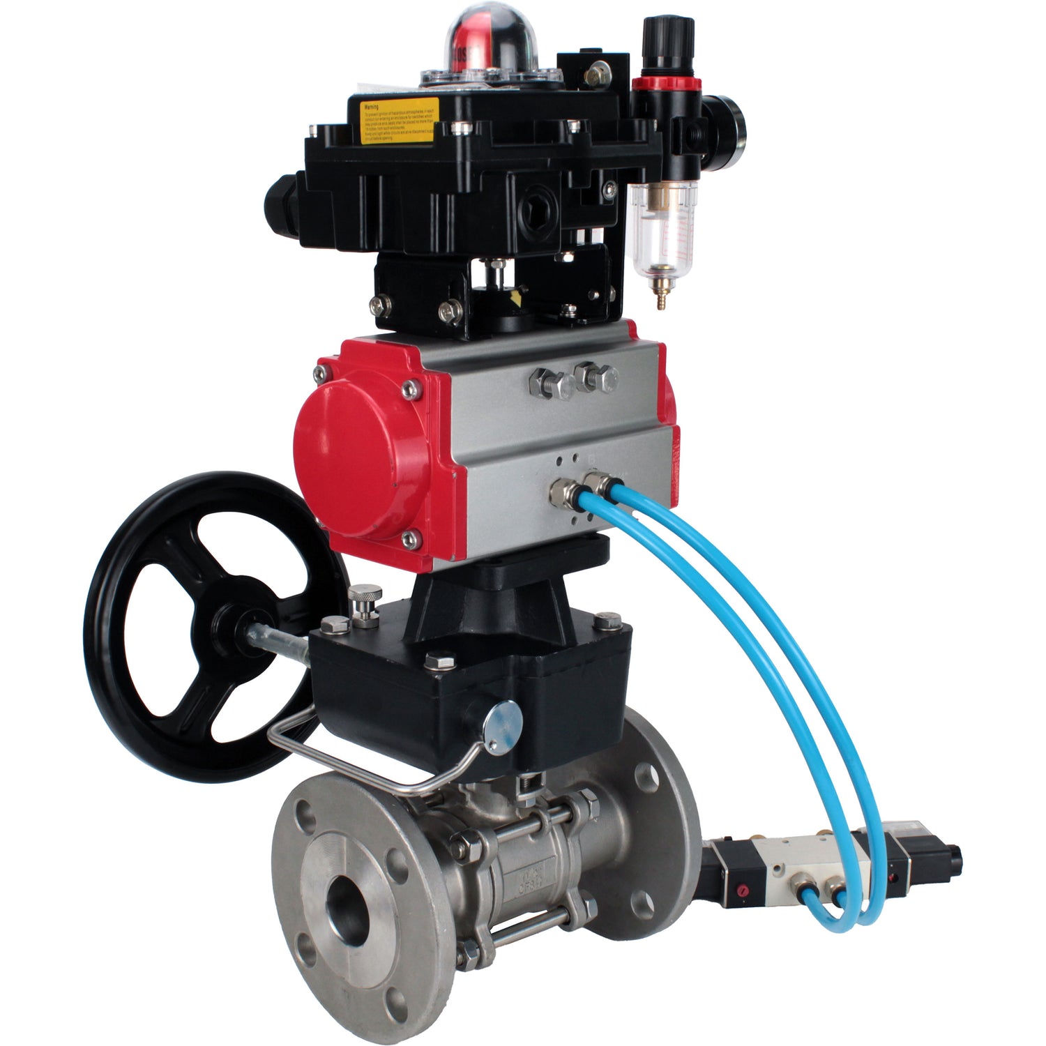 Ball valves Elephant BV3232P(3pc)-FP-F-ISO-H,  body material - Stainless steel AISI 316, seal - PTFE / PTFE / Teflon, with pneumatic actuator double action PA-DA, 4V320-10 220V, LSU APL-410N Ex, handwheel MON, ATU AFC2000