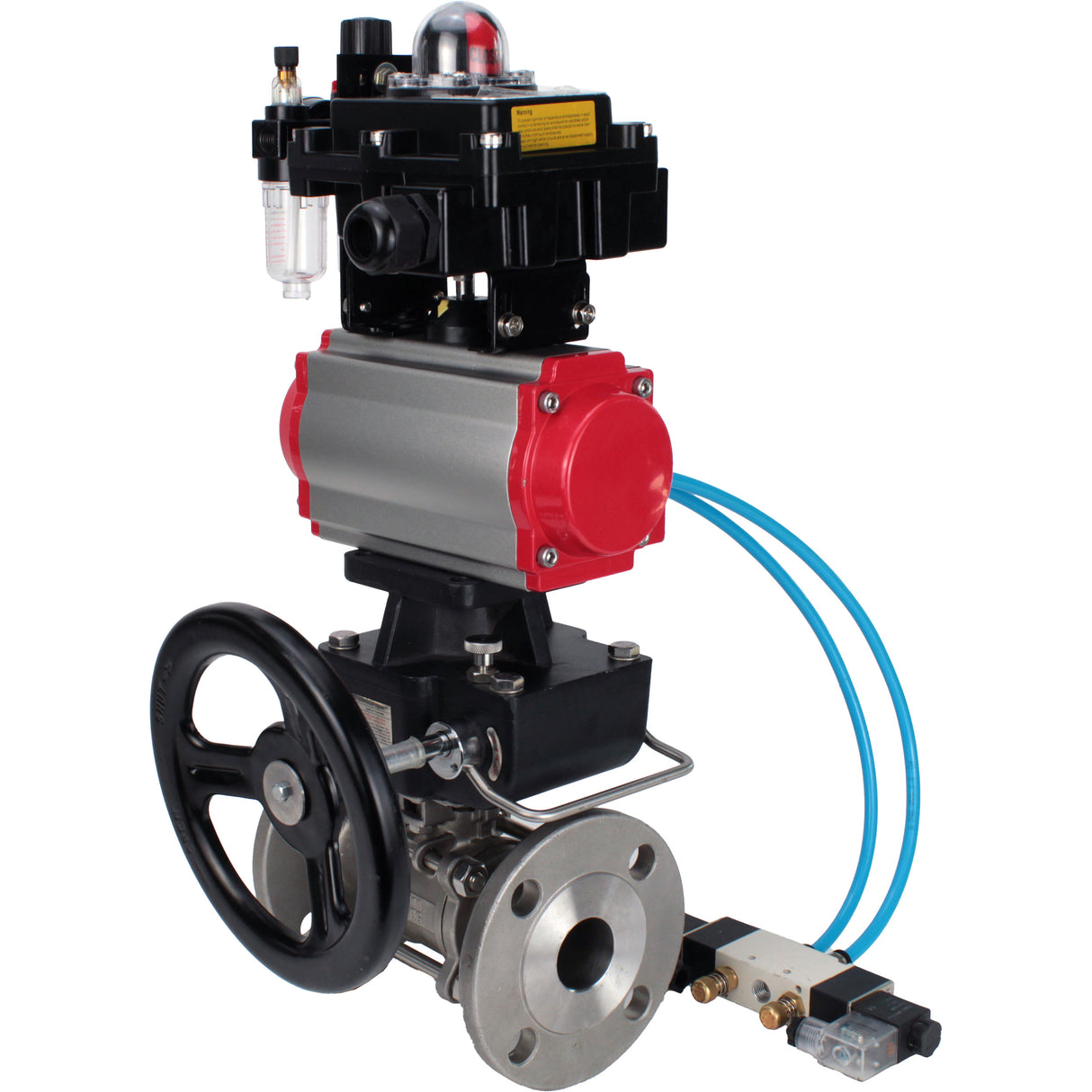 Ball valves Elephant BV3232P(3pc)-FP-F-ISO-H,  body material - Stainless steel AISI 316, seal - PTFE / PTFE / Teflon, with pneumatic actuator double action PA-DA, 4V320-10 220V, LSU APL-410N Ex, handwheel MON, ATU AFC2000