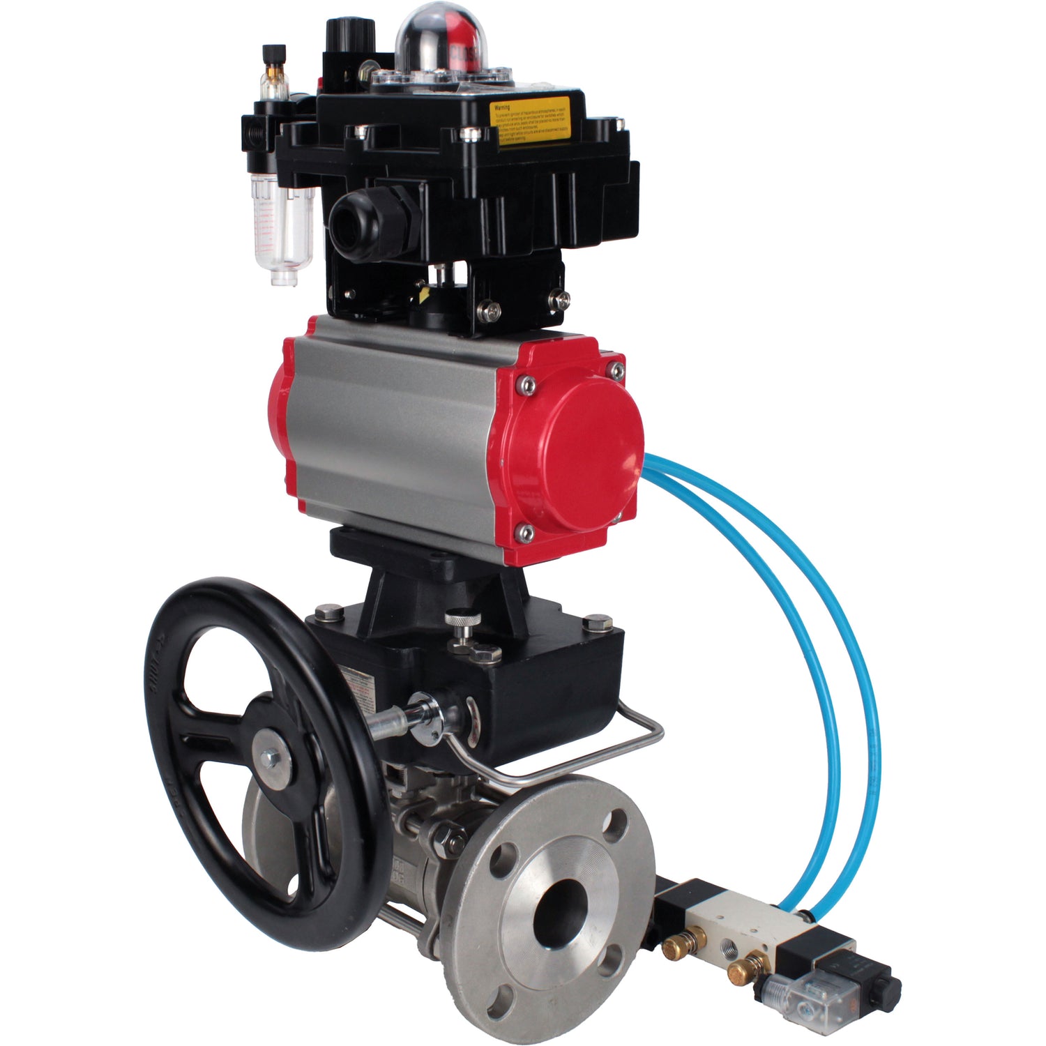 Ball valves Elephant BV3232P(3pc)-FP-F-ISO-H,  body material - Stainless steel AISI 316, seal - PTFE / PTFE / Teflon, with pneumatic actuator double action PA-DA, 4V320-10 220V, LSU APL-410N Ex, handwheel MON, ATU AFC2000