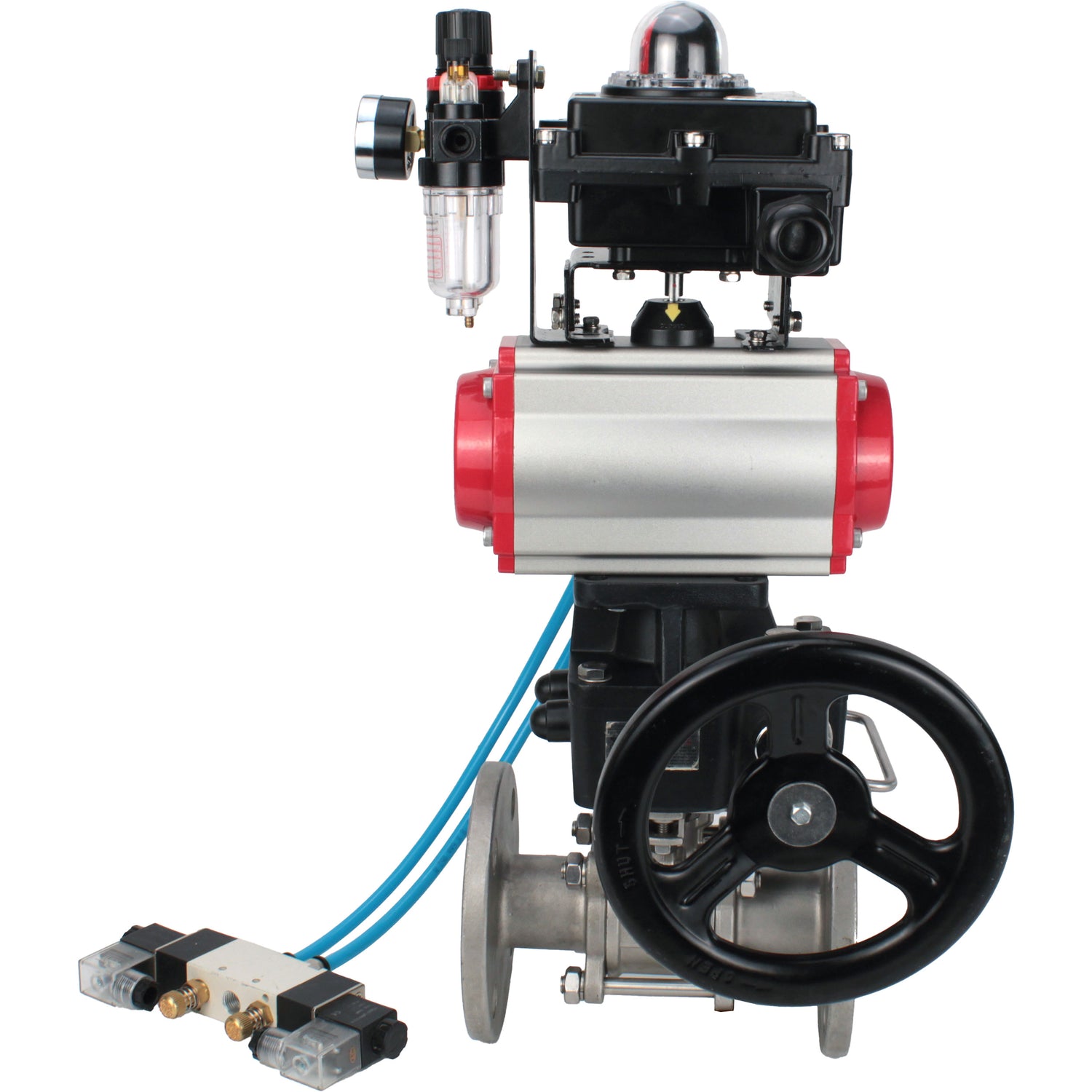 Ball valves Elephant BV3232P(3pc)-FP-F-ISO-H,  body material - Stainless steel AISI 316, seal - PTFE / PTFE / Teflon, with pneumatic actuator double action PA-DA, 4V320-10 220V, LSU APL-410N Ex, handwheel MON, ATU AFC2000