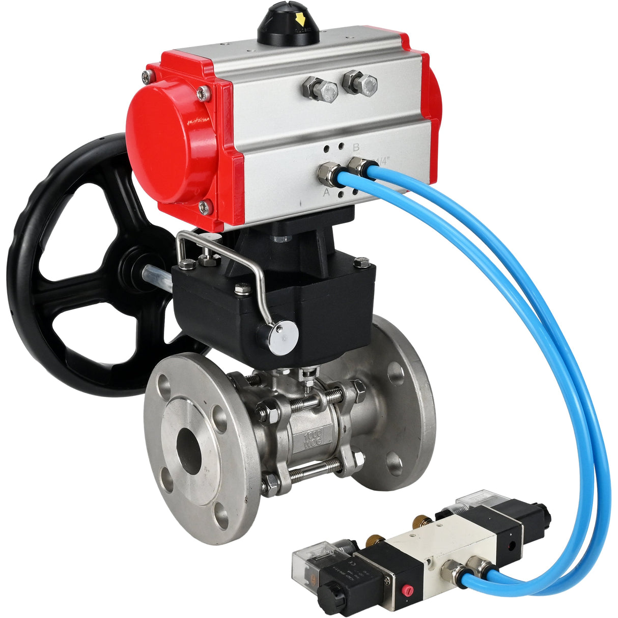 Ball valves Elephant BV3232P(3pc)-FP-F-ISO-H, three-piece full bore flanged, stainless steel SS304, seal - PTFE, with double-acting PA-DA pneumatic actuator, with pneumatic distributor 4V320-08 220V, with manual DNbler MON1-250-T26-I