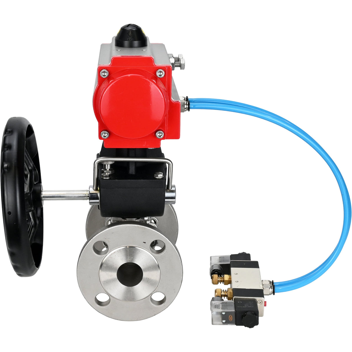 Ball valves Elephant BV3131P(3pc)-FP-F-ISO-H, body material - Stainless steel AISI 304, seal - PTFE / PTFE / Teflon, with pneumatic actuator double action PA-DA, 4V320-10 220V, handwheel MON