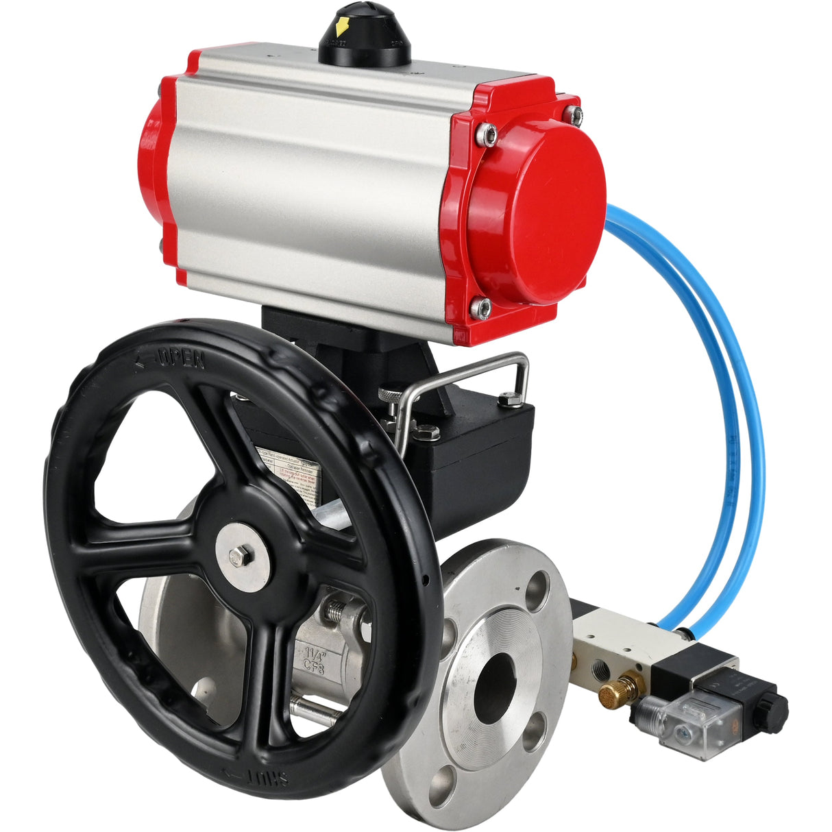 Ball valves Elephant BV3131P(3pc)-FP-F-ISO-H, body material - Stainless steel AISI 304, seal - PTFE / PTFE / Teflon, with pneumatic actuator double action PA-DA, 4V320-10 220V, handwheel MON