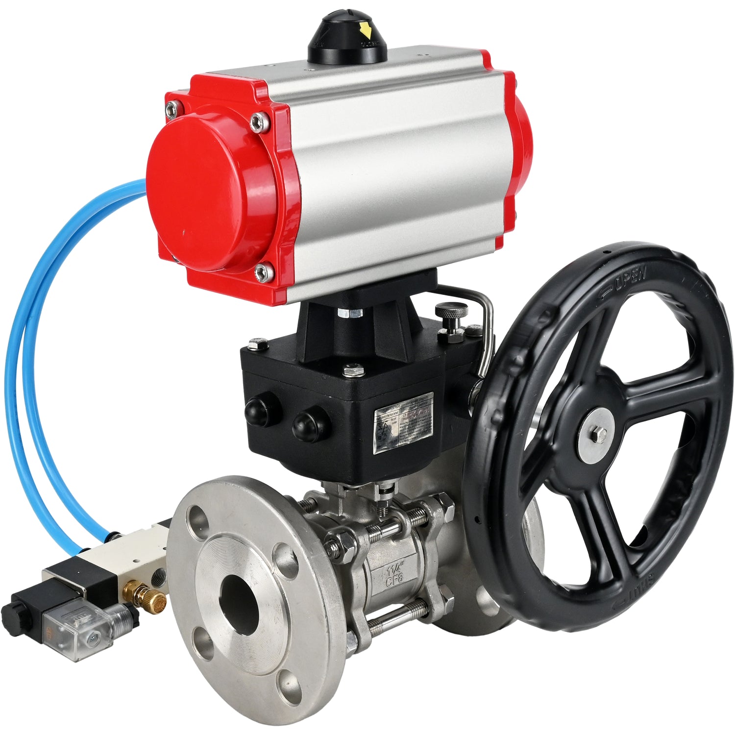 Ball valves Elephant BV3232P(3pc)-FP-F-ISO-H,  body material - Stainless steel AISI 316, seal - PTFE / PTFE / Teflon, with pneumatic actuator double action PA-DA, 4V320-10 220V, handwheel MON