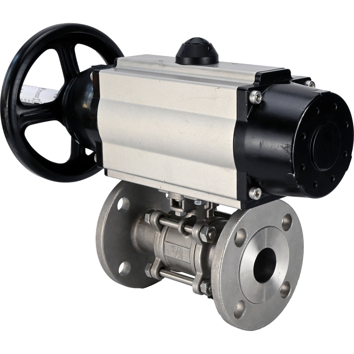 Robinets à boisseau sphérique Elephant BV3131P(3pc)-FP-F-ISO-H DN65-80 16 bar trois pièces à passage intégral à brides, corps - acier inoxydable SS304, joint - PTFE, avec actionneur pneumatique Elephant PA-DA-105-1