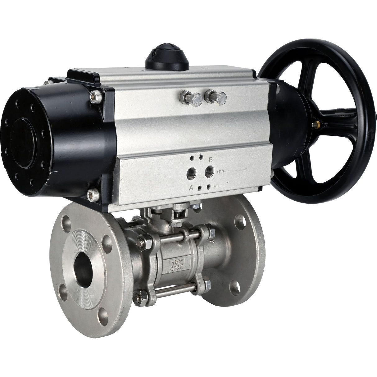 Robinets à boisseau sphérique Elephant BV3131P(3pc)-FP-F-ISO-H DN65-80 16 bar trois pièces à passage intégral à brides, corps - acier inoxydable SS304, joint - PTFE, avec actionneur pneumatique Elephant PA-DA-105-1