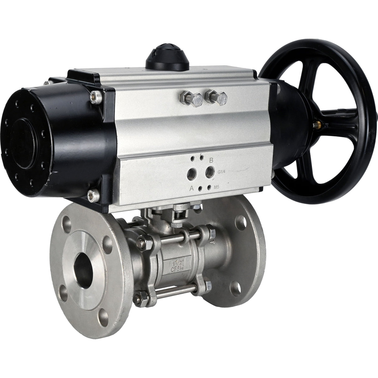 Robinets à boisseau sphérique Elephant BV3131P(3pc)-FP-F-ISO-H DN65-80 16 bar trois pièces à passage intégral à brides, corps - acier inoxydable SS304, joint - PTFE, avec actionneur pneumatique Elephant PA-DA-105-1