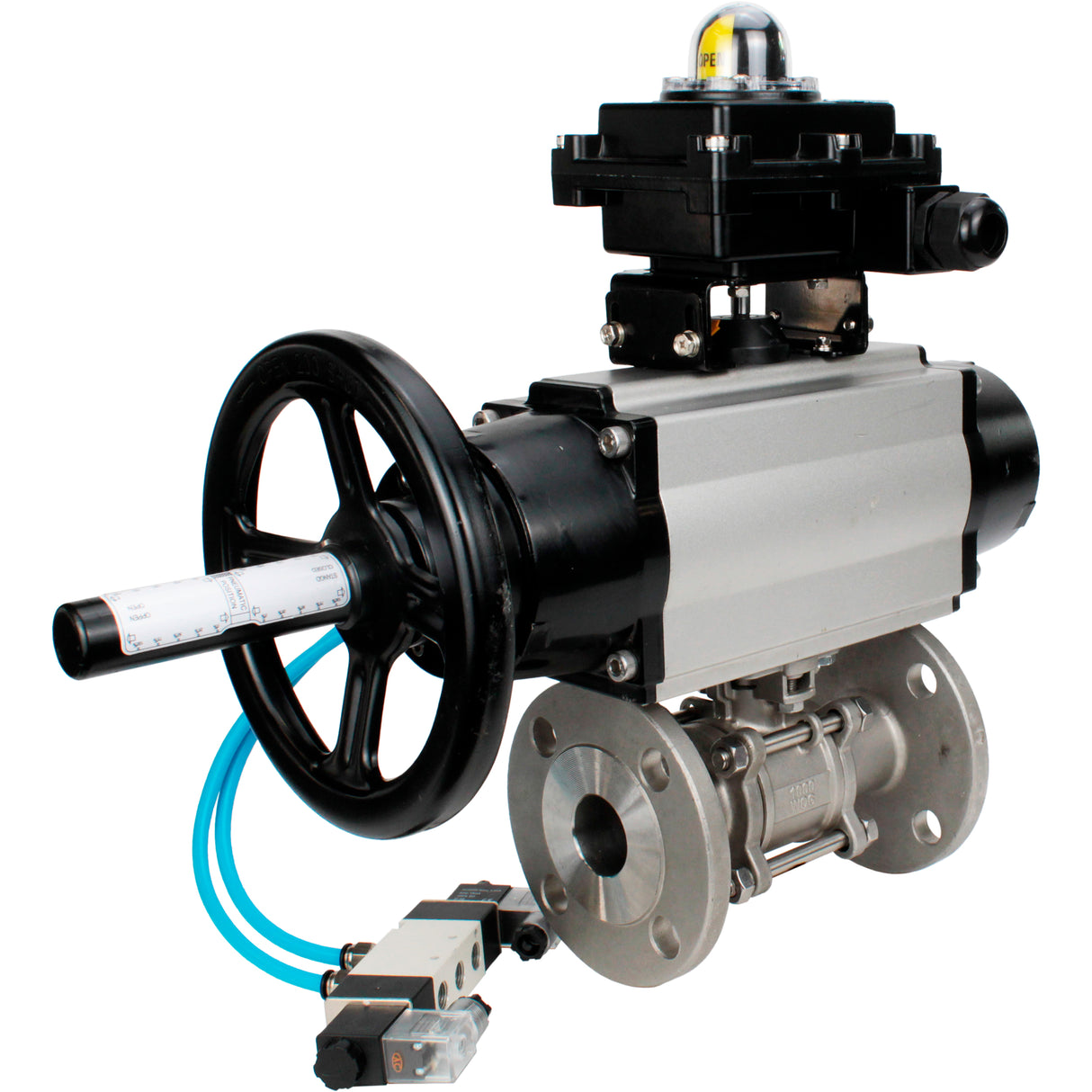 Ball valves Elephant BV3131P(3pc)-FP-F-ISO-H DN65-80 16 bar, three-piece full bore flanged, stainless steel SS304, seal - PTFE, with pneumatic actuator PA-DA-105-1 double acting, with pneumatic distributor 4V320-10 220V, with LSU APL-410N EX