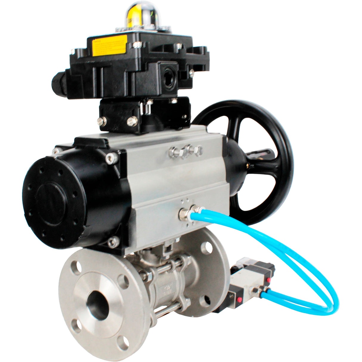 Ball valves Elephant BV3232P(3pc)-FP-F-ISO-H DN65-80 16 bar, three-piece full bore flanged, stainless steel SS304, seal - PTFE, with pneumatic actuator PA-DA-105-1 double acting, with pneumatic distributor 4V320-10 220V, with LSU APL-410N EX