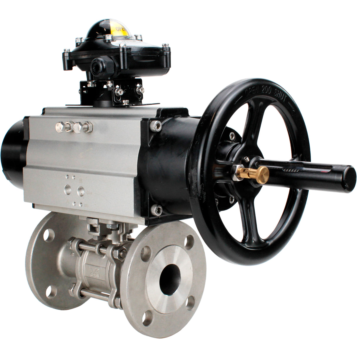 Robinets à boisseau sphérique Elephant BV3131P(3pc)-FP-F-ISO-H DN65-80 16 bar trois pièces à passage intégral à brides, corps - acier inoxydable SS304, joint - PTFE, avec actionneur pneumatique Elephant PA-DA et BKV APL-210N