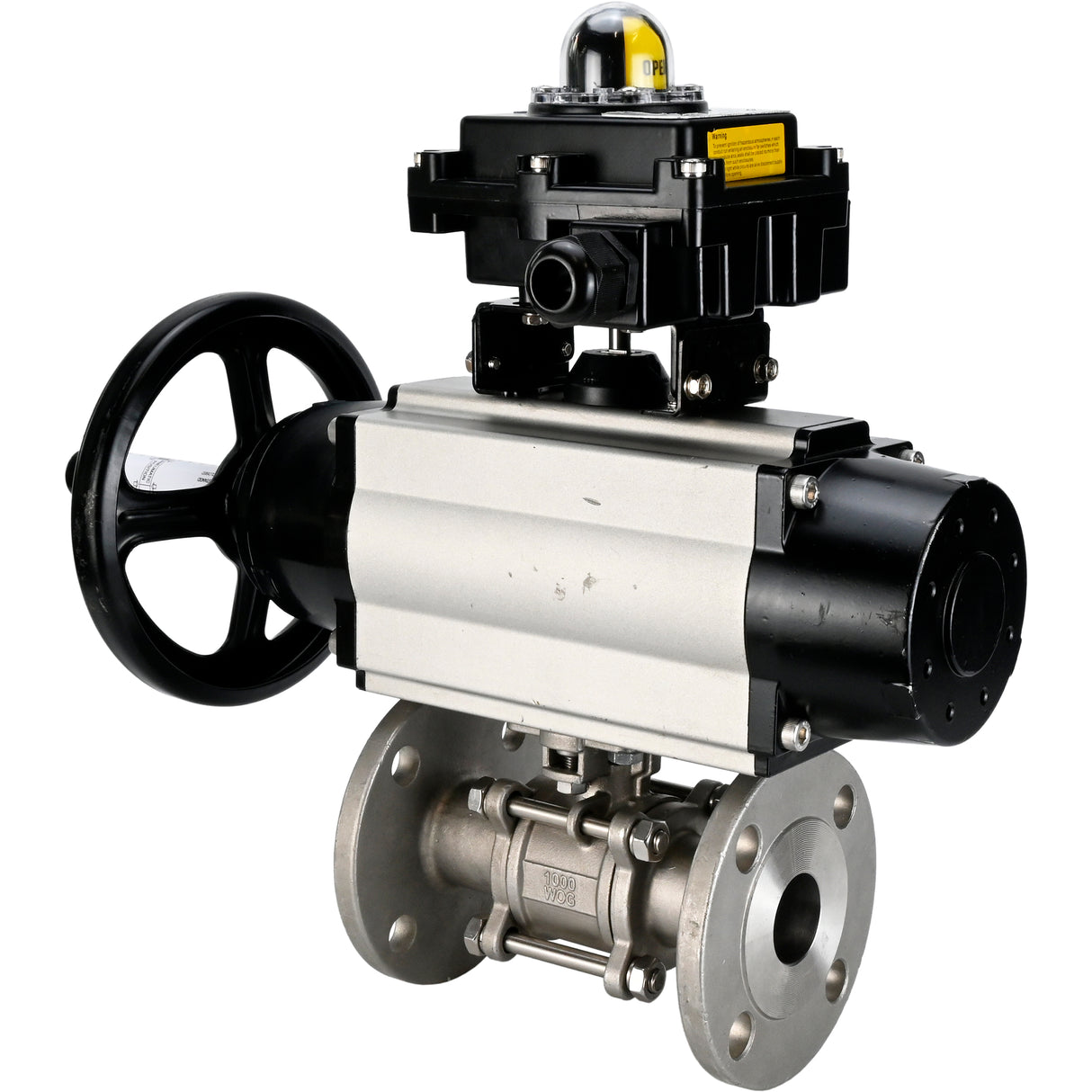 Robinets à boisseau sphérique Elephant BV3131P(3pc)-FP-F-ISO-H DN65-80 16 bar trois pièces à passage intégral à brides, corps - acier inoxydable SS304, joint - PTFE, avec actionneur pneumatique Elephant PA-DA et BKV APL-410N EX