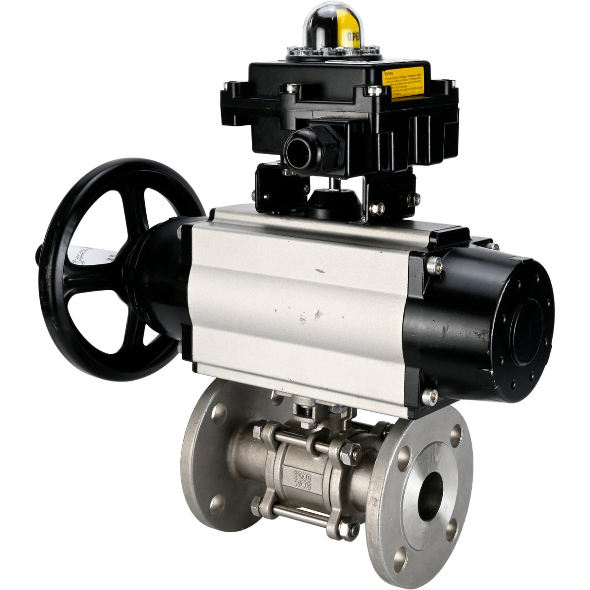 Robinets à boisseau sphérique Elephant BV3232P(3pc)-FP-F-ISO-H DN65-80 16 bar trois pièces à passage intégral à brides, corps - acier inoxydable SS304, joint - PTFE, avec actionneur pneumatique Elephant PA-DA et BKV APL-410N EX