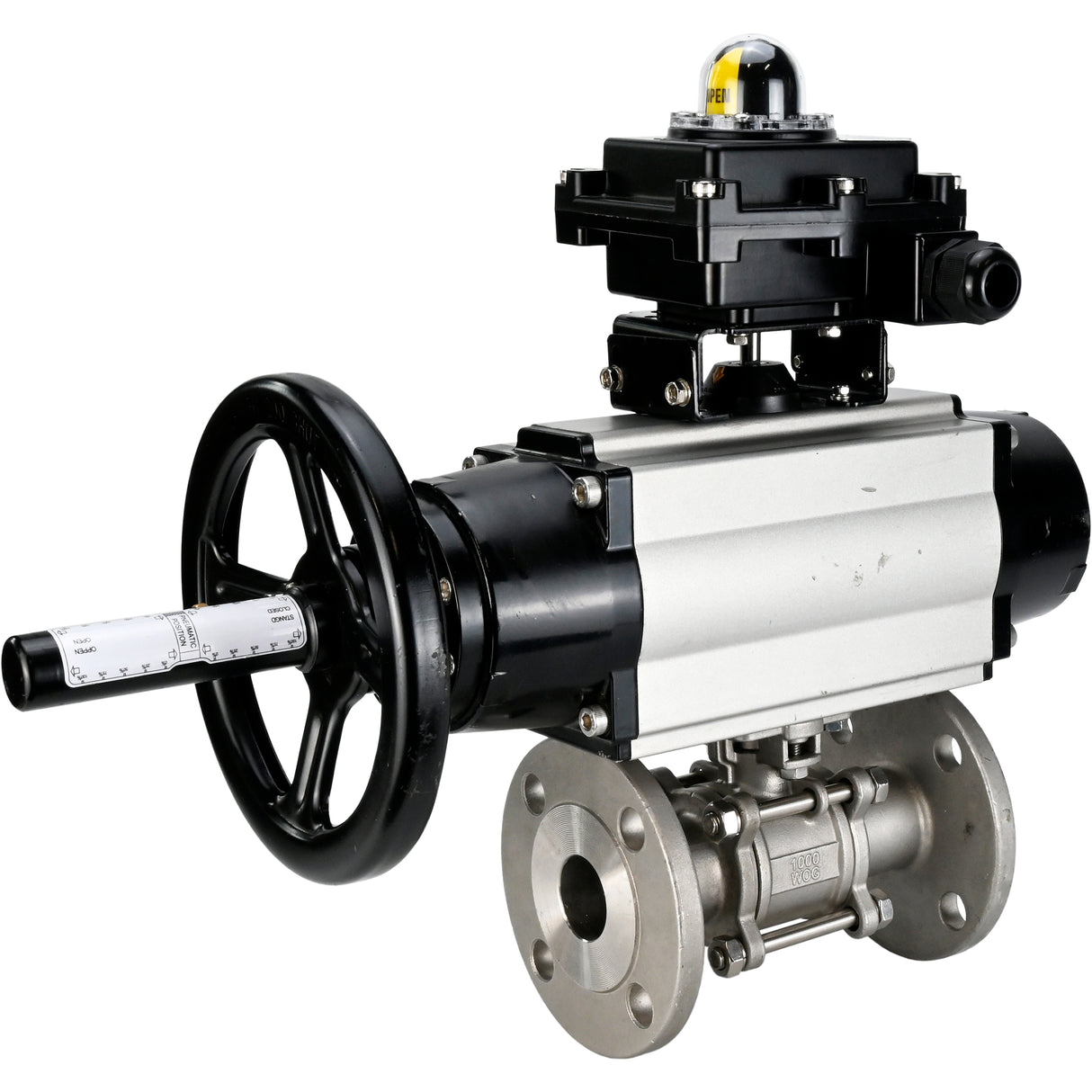 Robinets à boisseau sphérique Elephant BV3131P(3pc)-FP-F-ISO-H DN65-80 16 bar trois pièces à passage intégral à brides, corps - acier inoxydable SS304, joint - PTFE, avec actionneur pneumatique Elephant PA-DA et BKV APL-410N EX