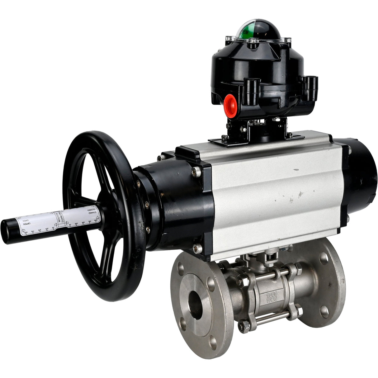 Robinets à boisseau sphérique Elephant BV3232P(3pc)-FP-F-ISO-H DN65-80 16 bar trois pièces à passage intégral à brides, corps - acier inoxydable SS304, joint - PTFE, avec actionneur pneumatique Elephant PA-DA et BKV APL-510N EX