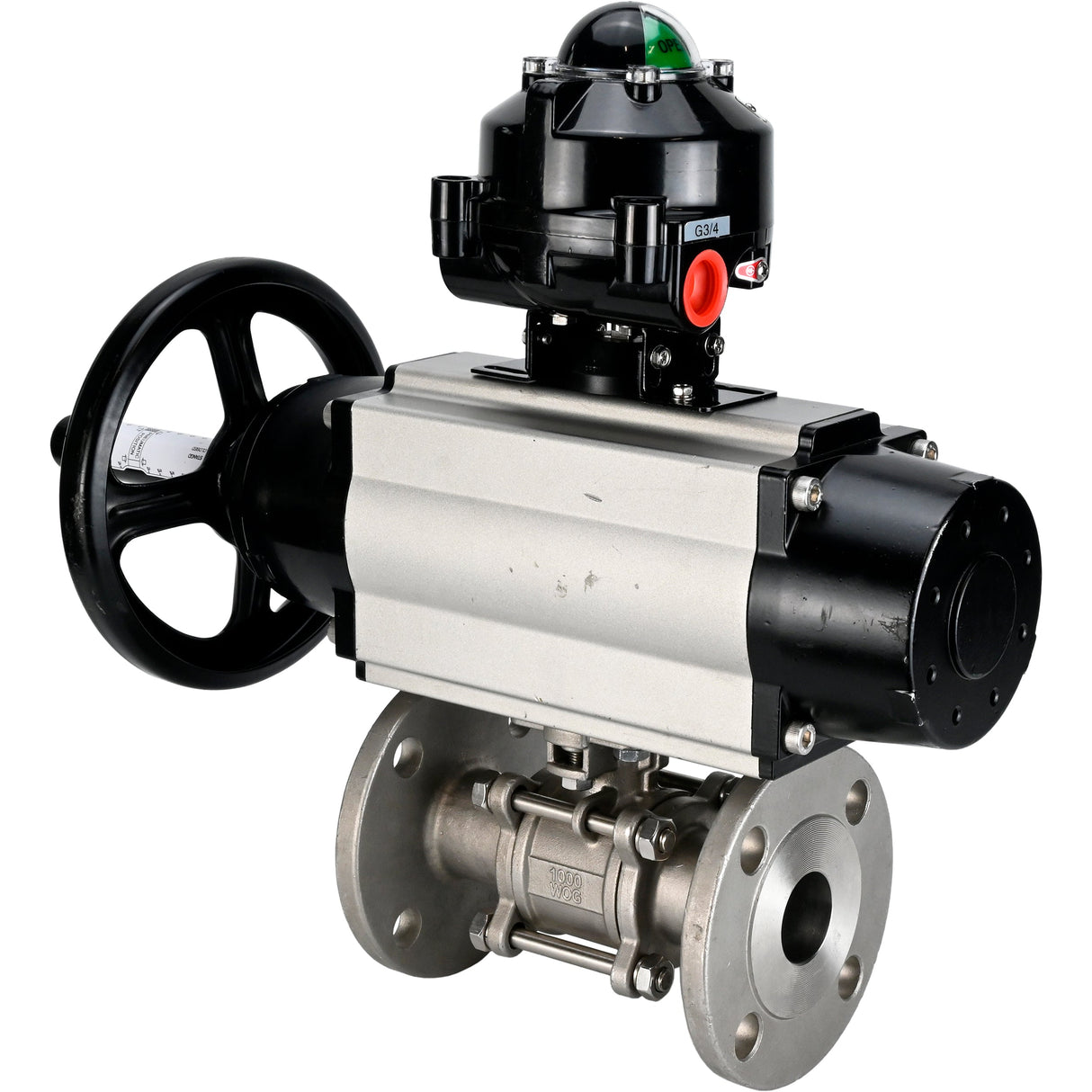 Robinets à boisseau sphérique Elephant BV3232P(3pc)-FP-F-ISO-H DN65-80 16 bar trois pièces à passage intégral à brides, corps - acier inoxydable SS304, joint - PTFE, avec actionneur pneumatique Elephant PA-DA et BKV APL-510N EX