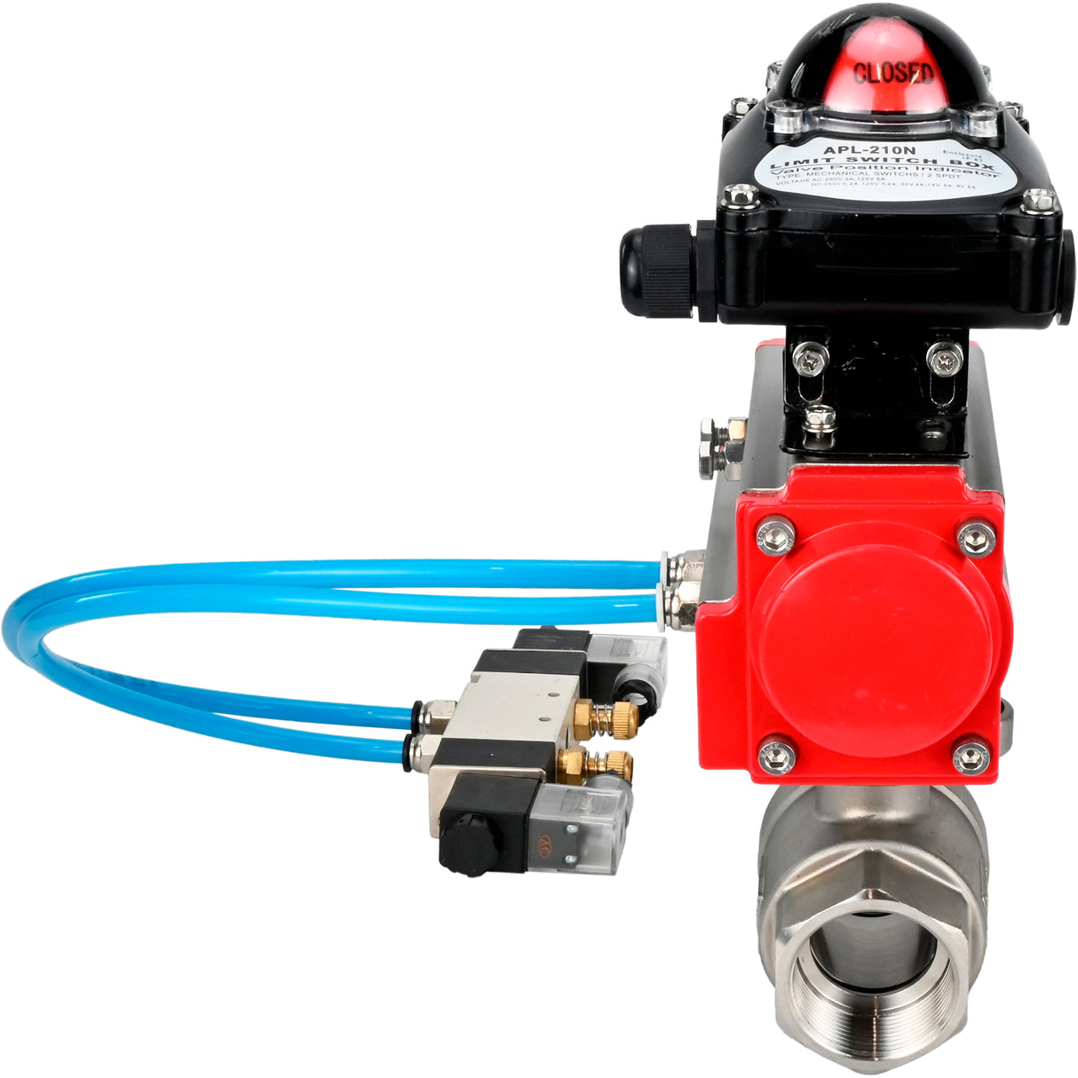 Vannes à boisseau sphérique Elephant BV3232P(2pc)-FP-T-ISO-H 16 bar, raccord à passage intégral, acier inoxydable SS316, joint - PTFE, avec actionneur pneumatique double effet PA-DA, avec distributeur pneumatique 4V320-10 220V, avec BKV APL -210N