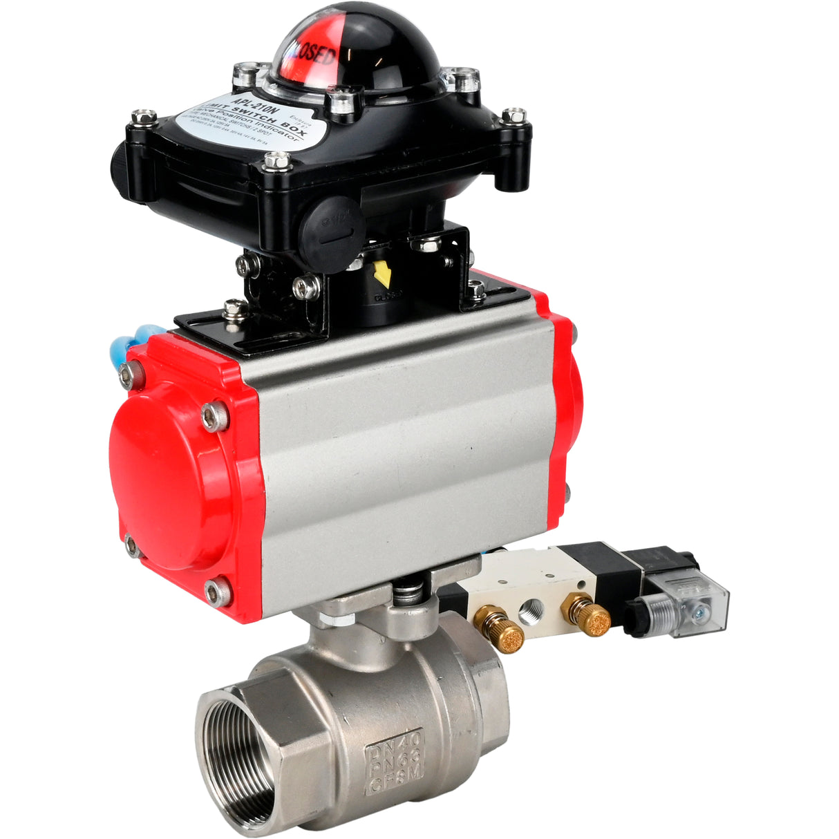 Vannes à boisseau sphérique Elephant BV3232P(2pc)-FP-T-ISO-H 16 bar, raccord à passage intégral, acier inoxydable SS316, joint - PTFE, avec actionneur pneumatique double effet PA-DA, avec distributeur pneumatique 4V320-10 220V, avec BKV APL -210N