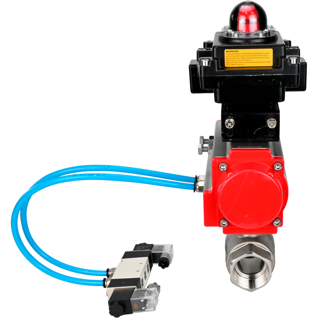 Robinets à boisseau sphérique Elephant BV3232P(2pc)-FP-T-ISO-H 16 bar, raccord à passage intégral, acier inoxydable SS316, joint - PTFE, avec actionneur pneumatique double effet PA-DA, avec distributeur pneumatique 4V320-10 220V, avec BKV APL -410N EX