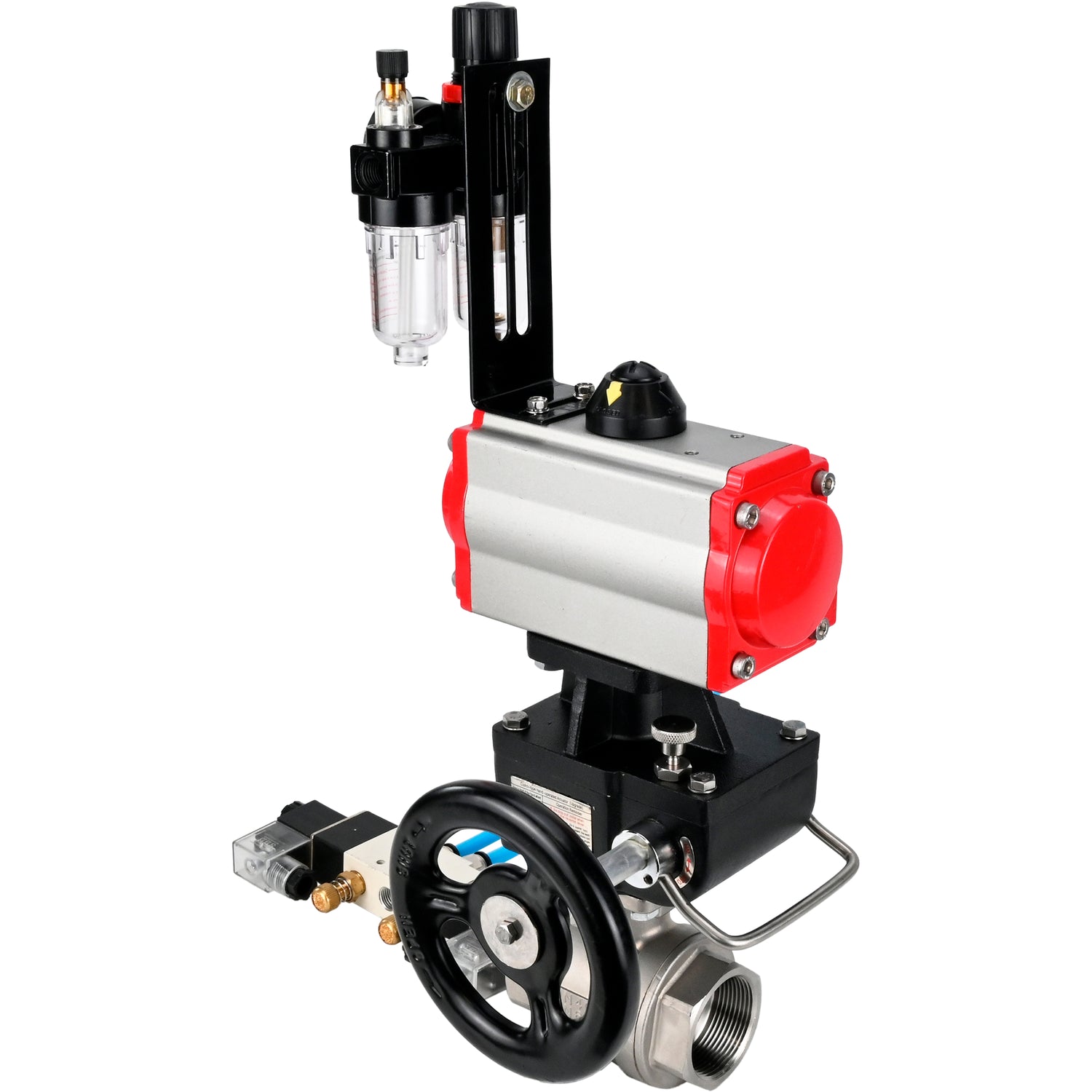 Ball valves Elephant BV3232P(2pc)-FP-T-ISO-H,  body material - Stainless steel AISI 316, seal - PTFE / PTFE / Teflon, with pneumatic actuator double action PA-DA, 4V320-10 220V, handwheel MON, ATU AFC2000