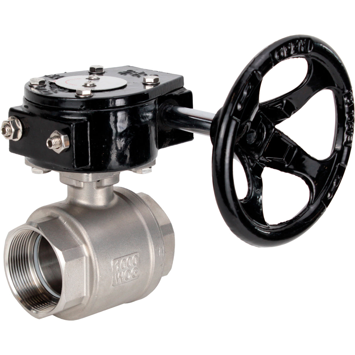 Válvula de bola de acero inoxidable Elephant kshmp316-elephant-rdn, material del cuerpo - acero inoxidable AISI 316, material de la bola - acero inoxidable AISI 316, sello - PTFE, operada por engranajes