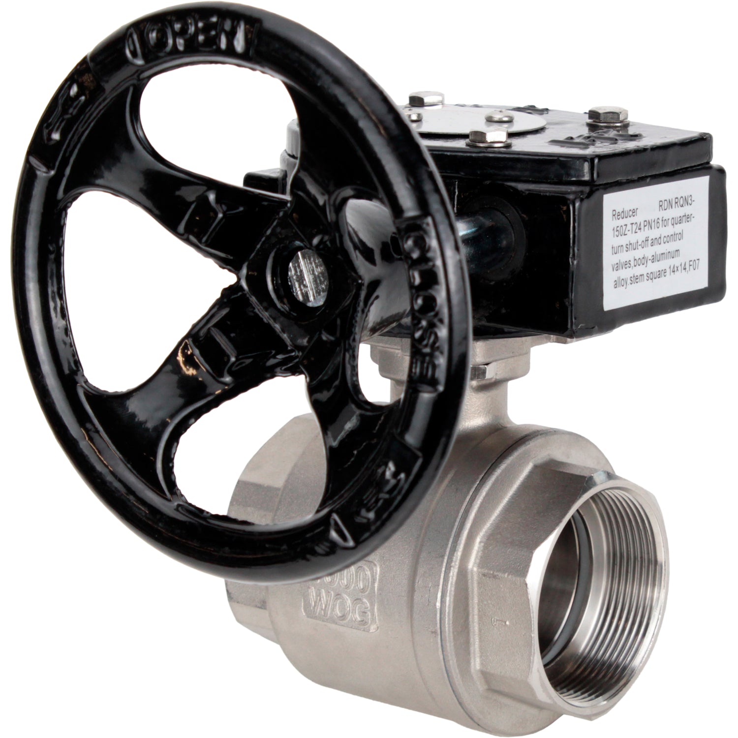 Válvula de bola de acero inoxidable Elephant kshmp316-elephant-rdn, material del cuerpo - acero inoxidable AISI 316, material de la bola - acero inoxidable AISI 316, sello - PTFE, operada por engranajes