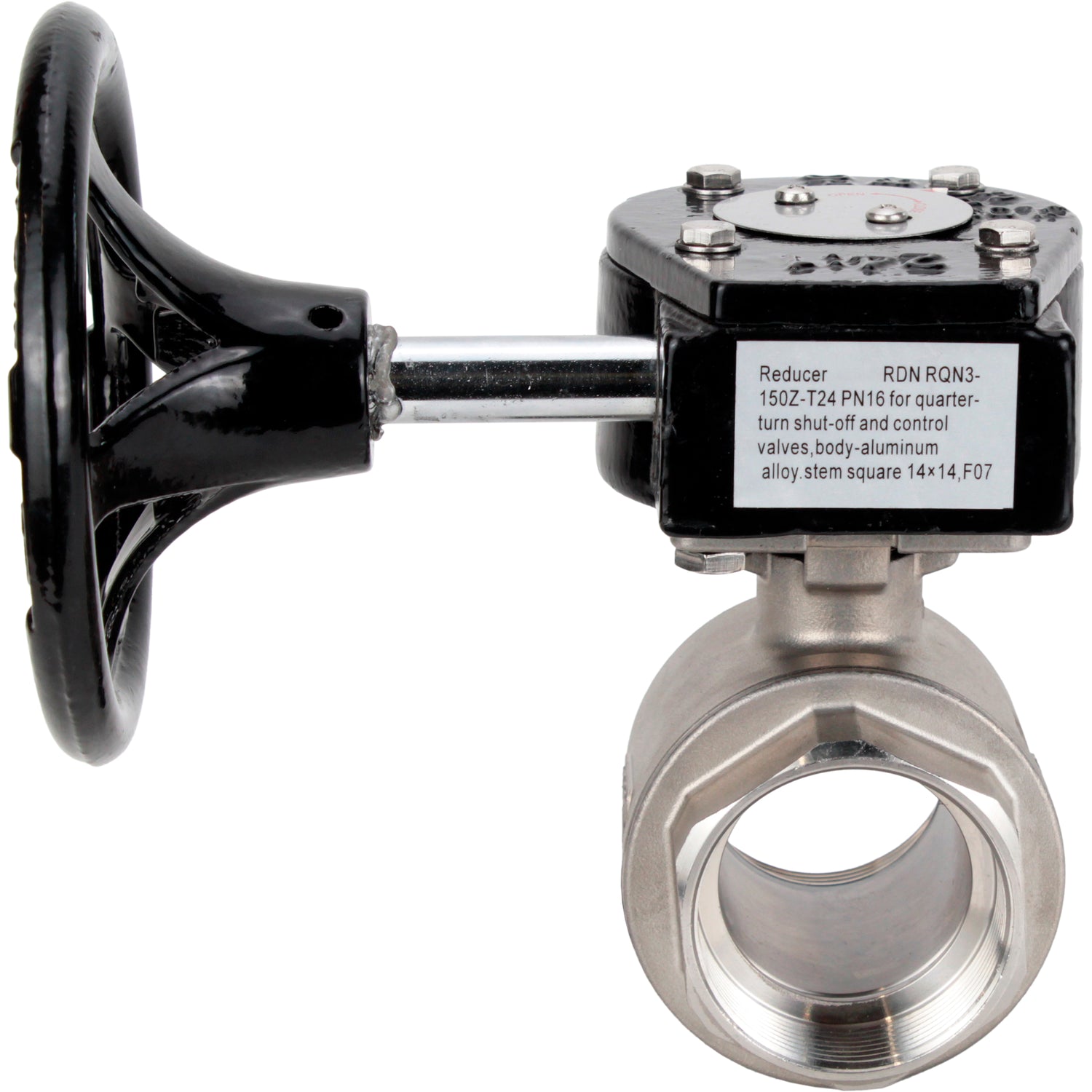 Válvula de bola de acero inoxidable Elephant kshmp316-elephant-rdn, material del cuerpo - acero inoxidable AISI 316, material de la bola - acero inoxidable AISI 316, sello - PTFE, operada por engranajes