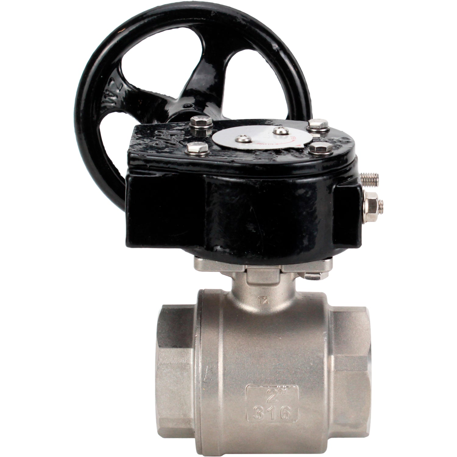 Válvula de bola de acero inoxidable Elephant kshmp316-elephant-rdn, material del cuerpo - acero inoxidable AISI 316, material de la bola - acero inoxidable AISI 316, sello - PTFE, operada por engranajes