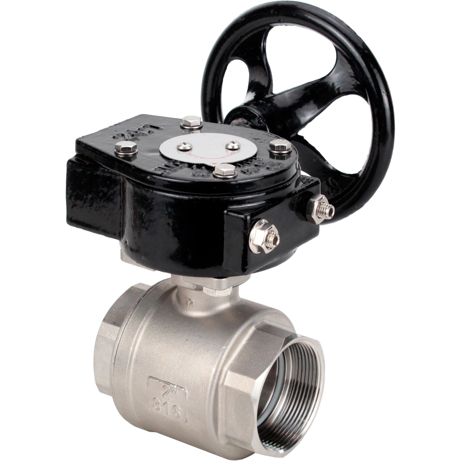 Válvula de bola de acero inoxidable Elephant kshmp316-elephant-rdn, material del cuerpo - acero inoxidable AISI 316, material de la bola - acero inoxidable AISI 316, sello - PTFE, operada por engranajes