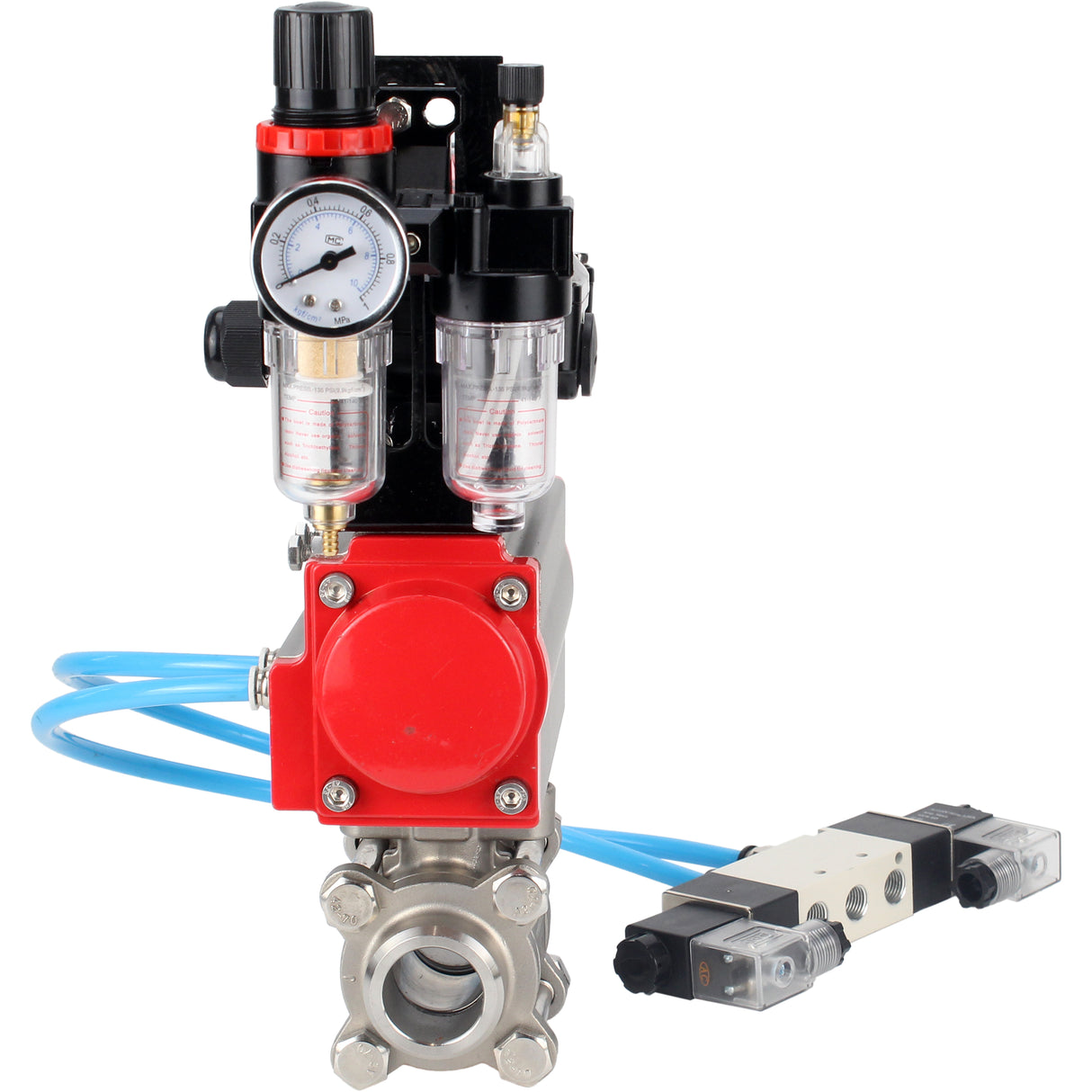 Ball valves Elephant BV3232P(3pc)-FP-W-ISO-H 16 bar/25, full bore for welding, stainless steel SS316, seal - PTFE, with double-acting PA-DA pneumatic actuator, with pneumatic distributor 4V320-08 220V, with LSU APL-210N, with ATU AFC2000