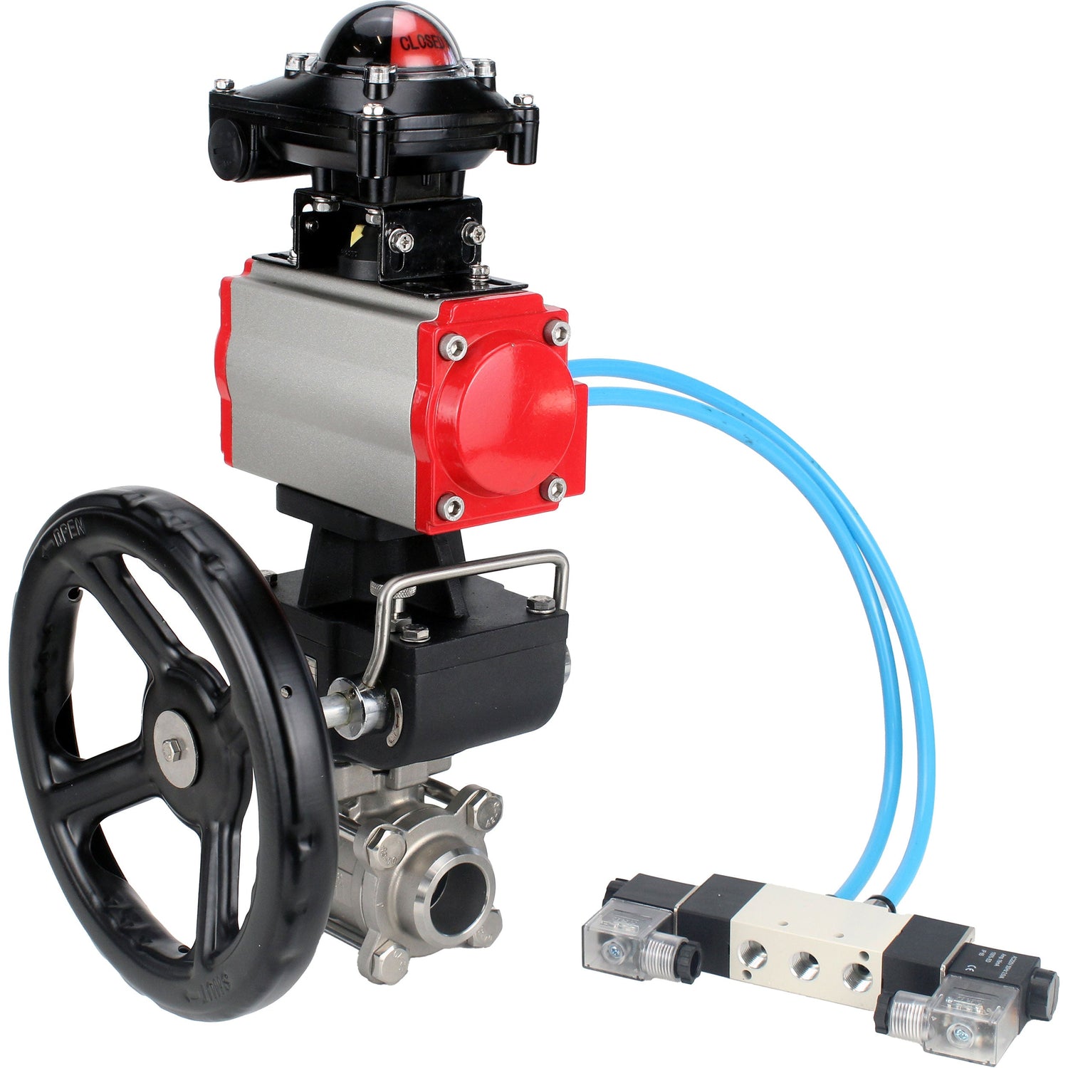Ball valves Elephant BV3232P(3pc)-FP-W-ISO-H,  body material - Stainless steel AISI 316, seal - PTFE / PTFE / Teflon, with pneumatic actuator double action PA-DA, 4V320-10 220V, LSU APL-210N, handwheel MON