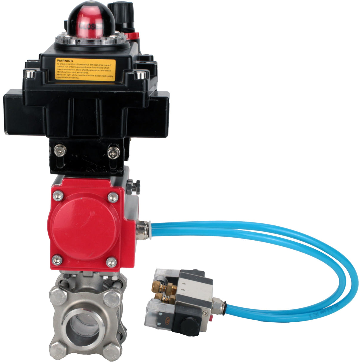 Ball valves Elephant BV3232P(3pc)-FP-W-ISO-H 16 bar/25, full bore for welding, stainless steel SS316, seal - PTFE, with double-acting PA-DA pneumatic actuator, with pneumatic distributor 4V320-08 220V, with LSU APL-410N EX, with ATU AFC2000