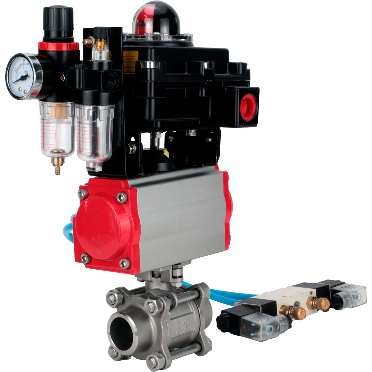 Ball valves Elephant BV3232P(3pc)-FP-W-ISO-H 16 bar/25, full bore for welding, stainless steel SS316, seal - PTFE, with double-acting PA-DA pneumatic actuator, with pneumatic distributor 4V320-08 220V, with LSU APL-410N EX, with ATU AFC2000