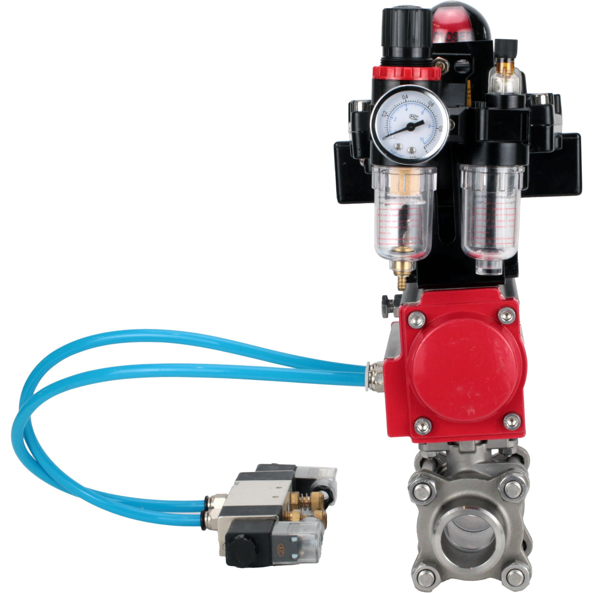 Ball valves Elephant BV3232P(3pc)-FP-W-ISO-H 16 bar/25, full bore for welding, stainless steel SS316, seal - PTFE, with double-acting PA-DA pneumatic actuator, with pneumatic distributor 4V320-08 220V, with LSU APL-410N EX, with ATU AFC2000