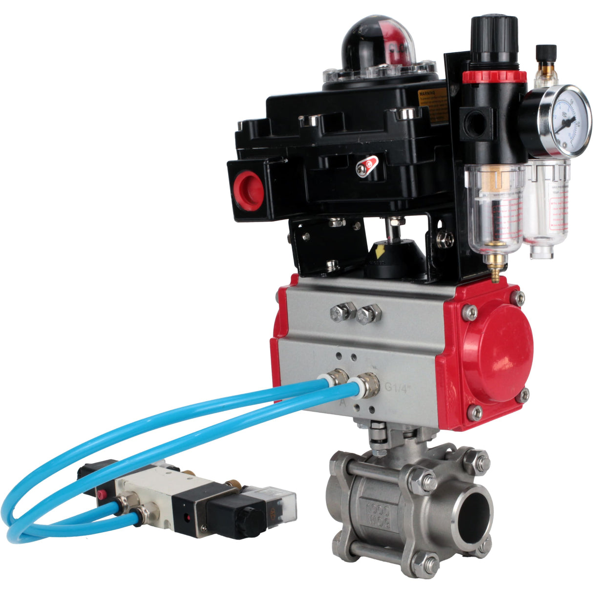 Ball valves Elephant BV3232P(3pc)-FP-W-ISO-H 16 bar/25, full bore for welding, stainless steel SS316, seal - PTFE, with double-acting PA-DA pneumatic actuator, with pneumatic distributor 4V320-08 220V, with LSU APL-410N EX, with ATU AFC2000