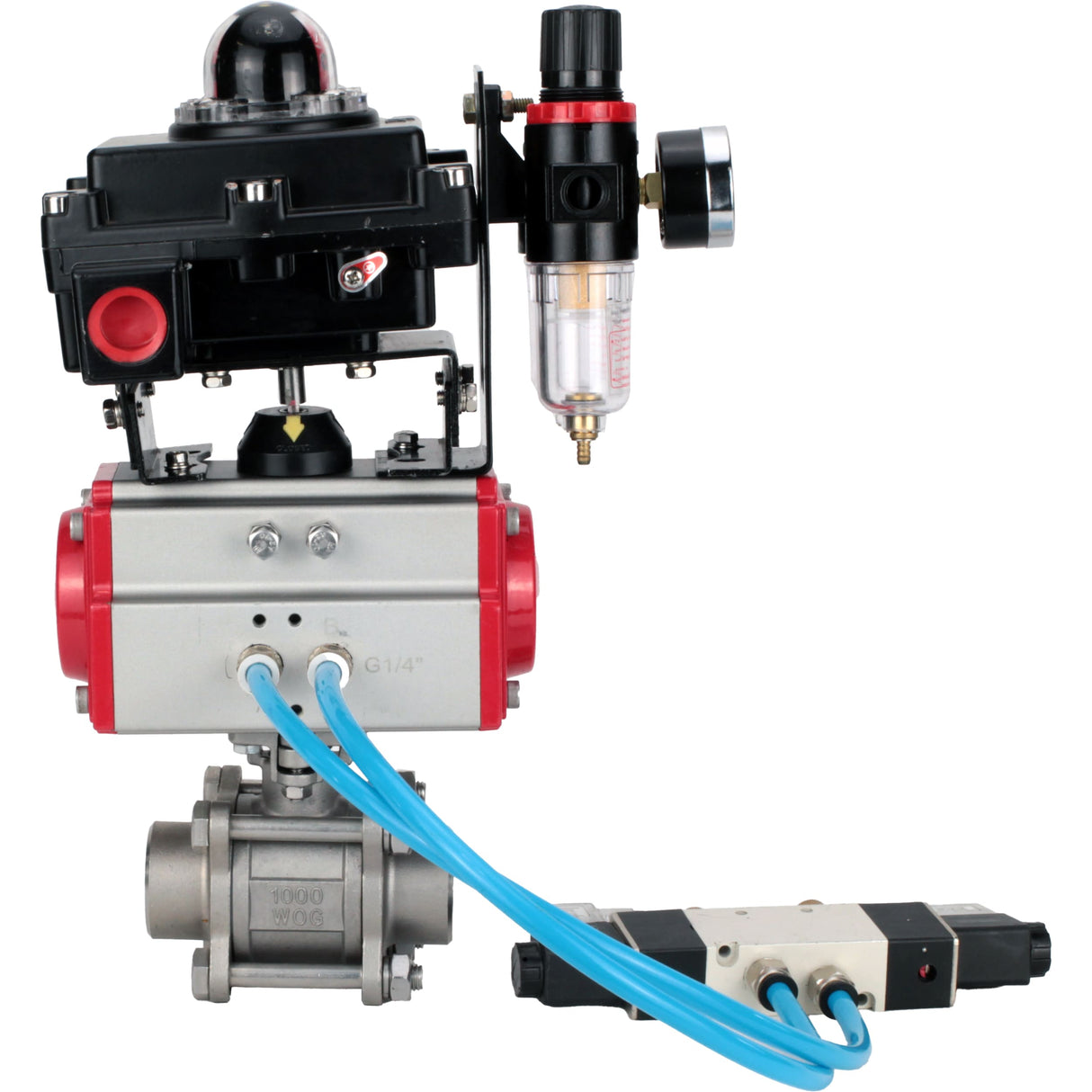 Ball valves Elephant BV3232P(3pc)-FP-W-ISO-H 16 bar/25, full bore for welding, stainless steel SS316, seal - PTFE, with double-acting PA-DA pneumatic actuator, with pneumatic distributor 4V320-08 220V, with LSU APL-410N EX, with ATU AFC2000