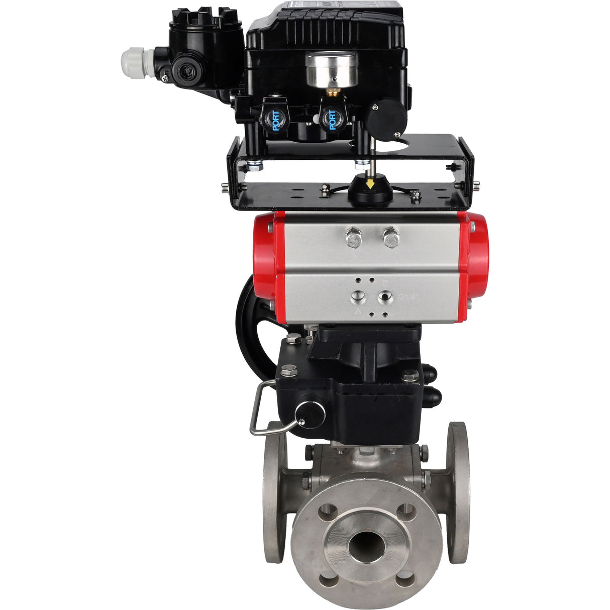 Ball valves Elephant BV3232P(4pc)-FP-3WL-F-ISO-H 16 bar full bore, flanged, body - stainless steel SS316, ISO flange F03/F04-F10/F12, square 9x9-19x19, with Mon/actuator PA-DA, pneumatic positioner YT-1000RSN with feedback and Doubler MON3-700-T38-