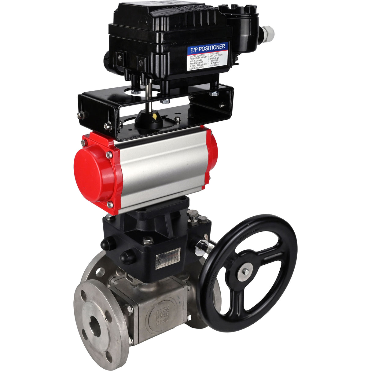 Ball valves Elephant BV3232P(4pc)-FP-3WL-F-ISO-H 16 bar full bore, flanged, body - stainless steel SS316, ISO flange F03/F04-F10/F12, square 9x9-19x19, with Mon/actuator PA-DA, pneumatic positioner YT-1000RSN with feedback and Doubler MON3-700-T38-